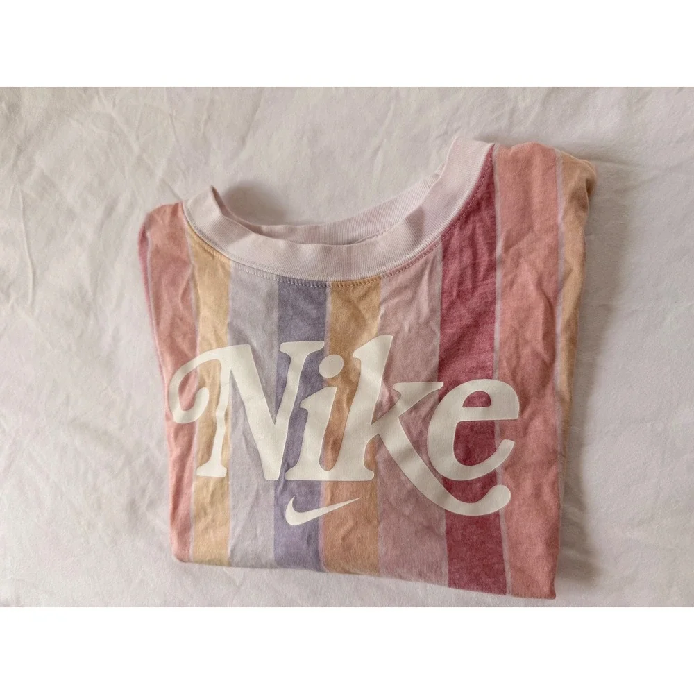 Nike Striped Crop Top Womens Pastel Multi Color Script Logo Cotton Tee small